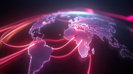 Fototapeta premium Close up of world map with red light and data streaming between continents in neon design