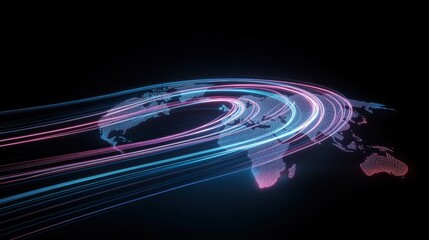 Fototapeta premium World map with light trails and data streaming between continents in vibrant neon colors