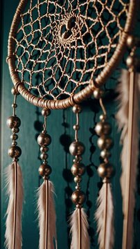 A traditional dreamcatcher hanging against a textured blue wall.