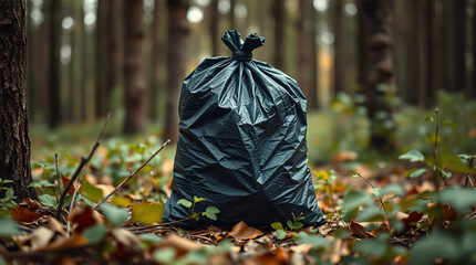  Black Trash Bag in Forest, Environmental Pollution and Waste Management Concept