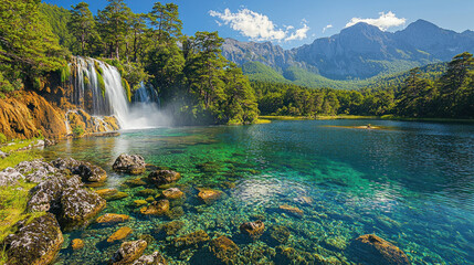 Waterfall cascading into a clear alpine lake with mountains, forest, rocks, and clear sky in the background