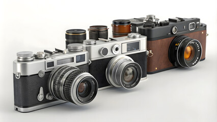 set of vintage cameras on a white background