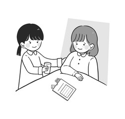 ヤングケアラー 薬を飲む家族をサポートする子供のモノクロイラスト