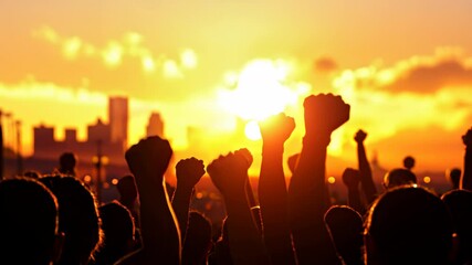 A group of people are raising their hands in the air at sunset