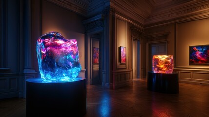 Colorful illuminated ice sculptures in a modern art gallery with vibrant abstract paintings