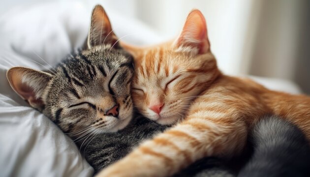 Two cuddling cats sleeping on a bed