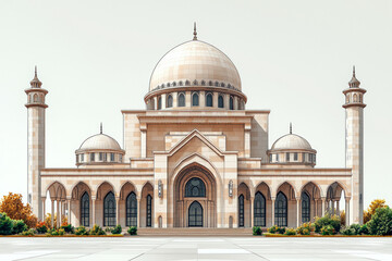 Grand mosque exterior, autumn foliage, serene atmosphere, architectural study
