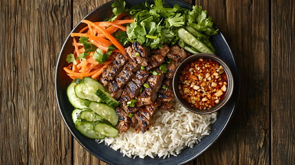 Authentic Thai Laab Moo Dish Served with Fresh Vegetables and Rice in a Rustic Setting