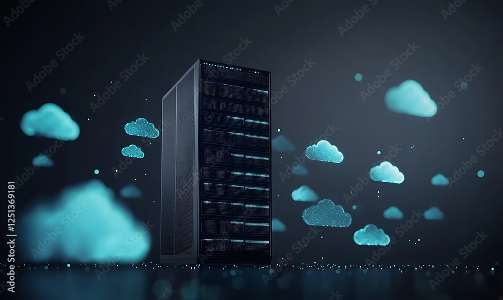 Poster High-tech server rack illuminated by glowing clouds, showcasing a modern data center environment.