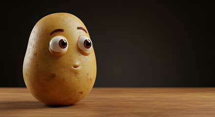 Curious Cartoon Potato on Wooden Surface Against Dark Background A 3D Rendered Image of a Funny Spud