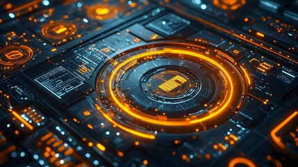 Futuristic high tech digital circuit board background with a glowing halo effect around the central element representing the concept of advanced technology innovation and future digital systems