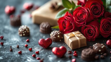 A romantic Valentine's Day setting featuring red roses, heart-shaped chocolates, and a gift box on a light background, creating a lovely and intimate atmosphere.
