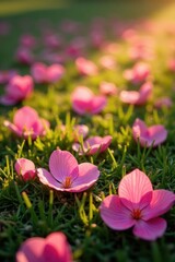 Fototapeta premium Pink petals scattered on grass, soft sunlight , lawn, pastel, romantic