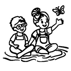 A boy and a girl are sitting and playing.