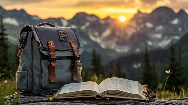A canvas backpack with brown leather details, placed on an open book against the backdrop of a mountain sunset. The scene captures the adventure and exploration 