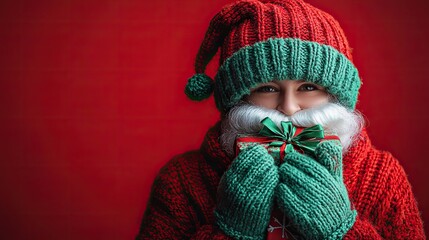 A Santa Claus gloved hand holding a beautifully wrapped Christmas gift with a green ribbon against a classic red background, evoking holiday cheer and festive spirit.