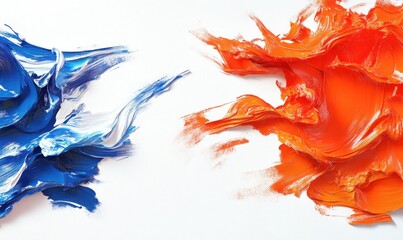 Fototapeta premium Blue and orange oil paint swirls on white background, art supplies, texture, abstract