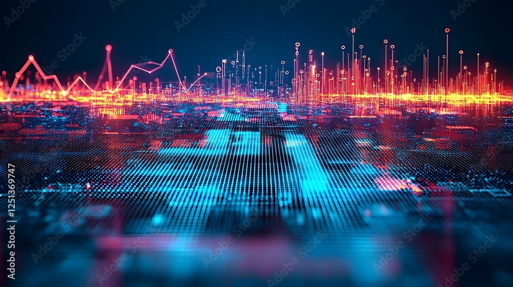 Poster vibrant digital cityscape with glowing lights abstract data points and futuristic architectural elem