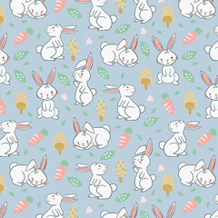Floral wallpaper with hares. Animal concept. Trendy pattern. Can be used as wallpapers, wrapping paper, cards, etc. Hygge style.