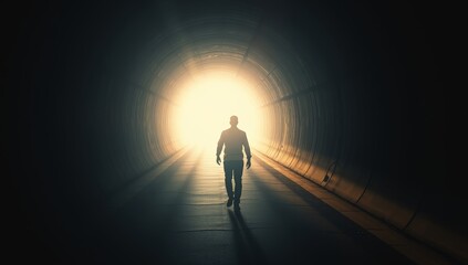 Obraz premium Silhouette of a man approaching light in a dark tunnel, symbolizing hope and renewal