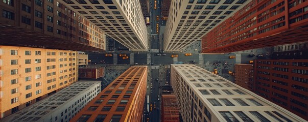 A cinematic aerial view of skyscrapers creating triangular patterns, framed to emphasize depth and golden rule proportions