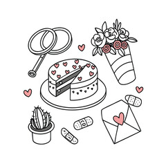 Valentine's day doodle set wedding rings 