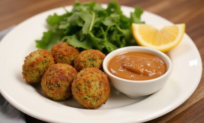 Delicious falafel balls with sauce and greens.
