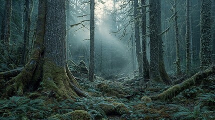 Obraz premium Misty forest floor, sunbeams pierce through canopy, tranquil nature scene, perfect for wallpaper or screensaver