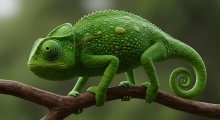 Fototapeta premium Vibrant Green Chameleon on Branch: A Detailed 3D Render of a Reptile in its Natural Habitat