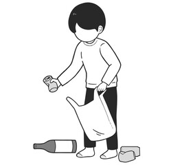 ヤングケアラー 室内の空き缶を拾う子供のモノクロイラスト 表情なしバージョン