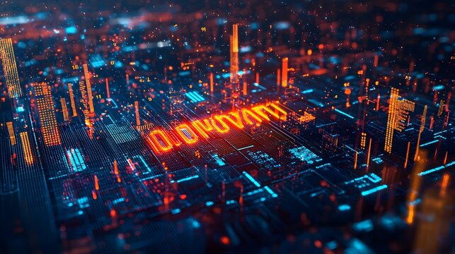 Futuristic digital cityscape with glowing skyscrapers and floating numbers data and information in a nighttime urban environment