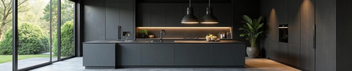 Sleek dark gray kitchen, breakfast bar, dining table ,  dining table,  design,  space