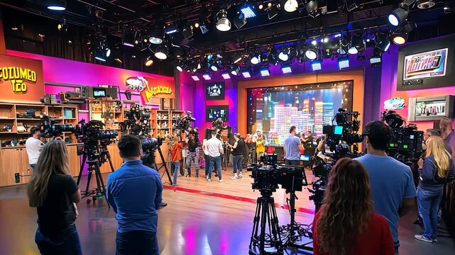 TV studio filming, contestants,  crew,  bright set. Possible use  stock photo