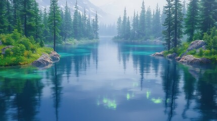 Misty mountain lake, serene reflections, nature background, travel