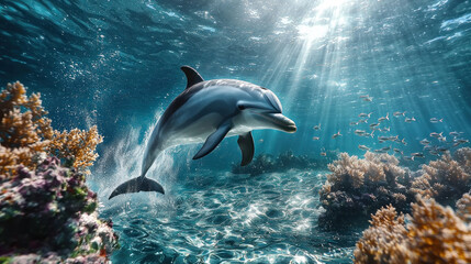 Fototapeta premium Dolphin swims over coral reef in sunlit ocean