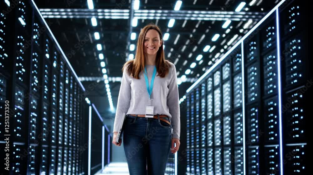 Poster happy engineer in data center server room