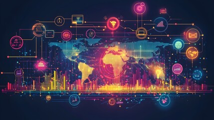 Vibrant abstract representation showcasing the interconnected digital ecosystem and the decade defining technological trends including intelligence cloud computing data analytics social media