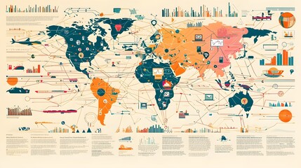Abstract visualization showcasing decade trends and modern technological connections across the global landscape  Infographic design with data charts icons