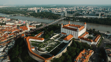 Obraz premium Bratislava old town view castle and city church in city centre. bratislavy skyline aerial view drone footage of bratislava slovakia city.