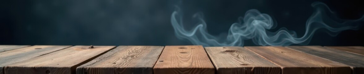 Aged wooden tabletop, wispy smoke trails against dark backdrop, atmospheric, antique, surface