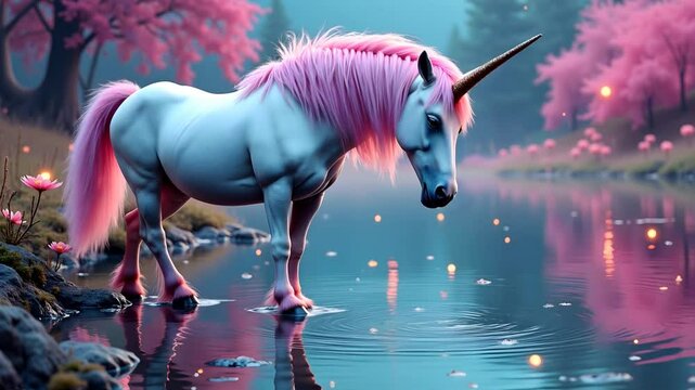 A gorgeous and majestic unicorn sipping water out of a nearby pond outdoors at night, cute media for children