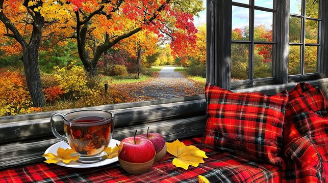 Autumnal tea break, window seat, park view, cozy