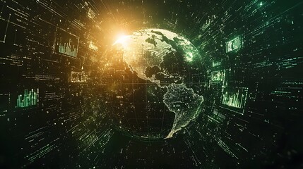 Futuristic digital globe surrounded by symbols and icons representing the most influential technological trends and innovations of the decade including AI big data cloud computing