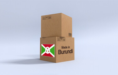 Made in Burundi, Carboard carton boxes with Burundian flag 3D Render