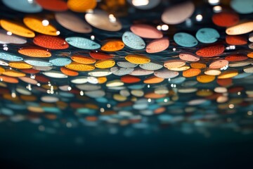 Colorful floating objects create a vibrant pattern on the water surface in a tranquil setting