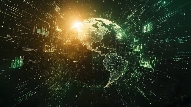 Futuristic digital globe surrounded by symbols and icons representing the most influential technological trends and innovations of the decade including AI big data cloud computing