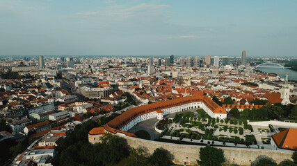 Obraz premium Bratislava old town view castle and city church in city centre. bratislavy skyline aerial view drone footage of bratislava slovakia city.