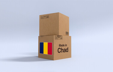 Made in Chad, Carboard carton boxes with Chadian flag 3D Render