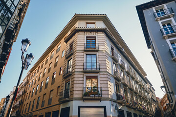 Facade of ancient building located in heart of Zaragoza, features an elegant and historic...