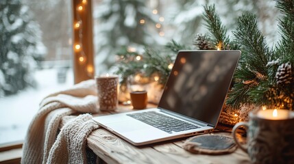 a side view of a serene winter workspace featuring a laptop, festive evergreen branch, and decorative cup, perfect for a calm and productive working environment in minimalist scandinavian style.